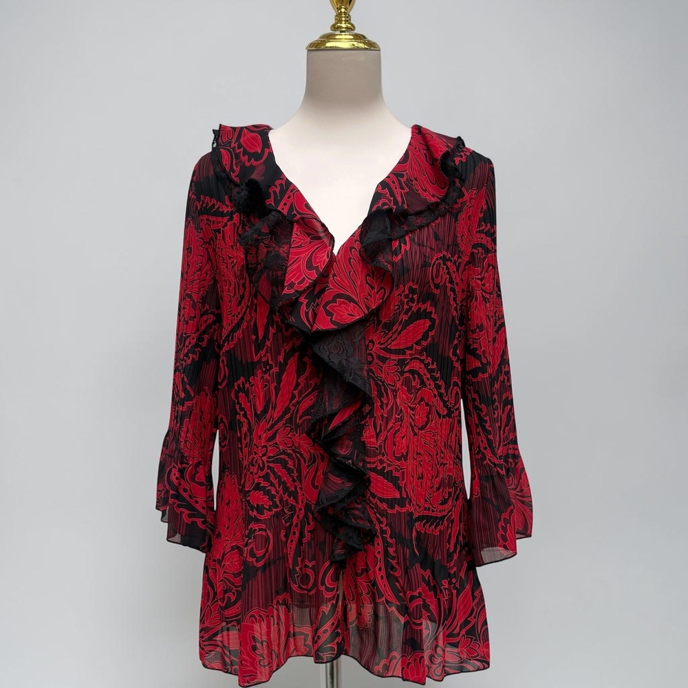 Vampy Ruffle Lace VNeck Blouse Lg Red Black Paisley Pleated Whimsigoth Steampunk